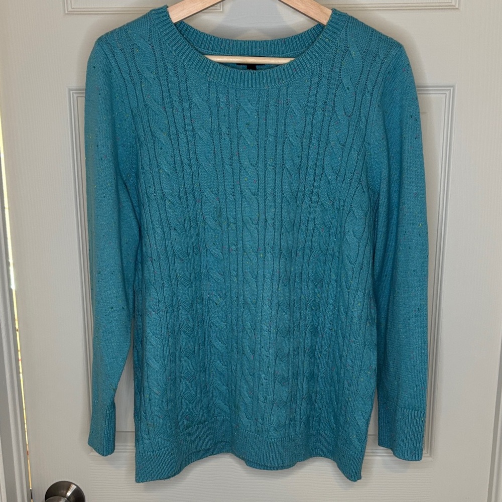 TALBOTS BUTTON CUFF CABLE KNIT TWEED SWEATER